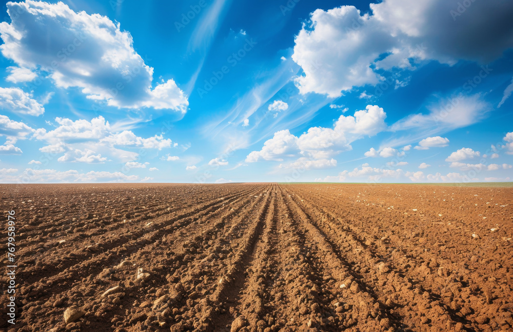 Agricultural field on which grow up brown soil blue sky with white clouds Agricultural field on which grow up brown soil blue sky with white clouds