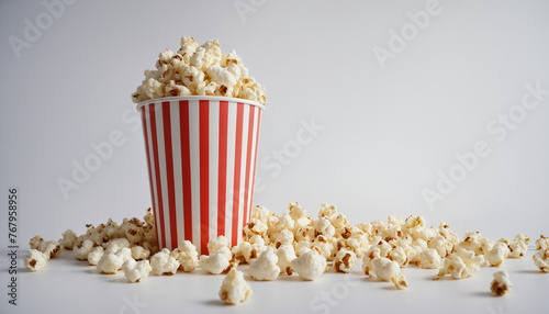 Close up macro of popcorn snack in front of simple background with copy space