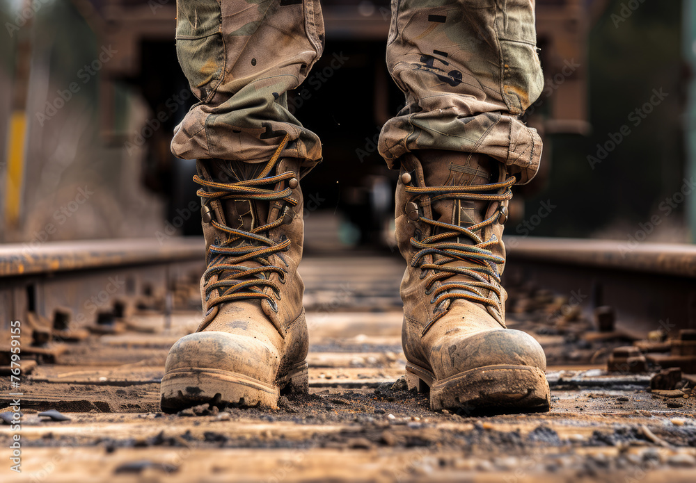 Military boots on the railroad tracks Military boots on the railroad tracks