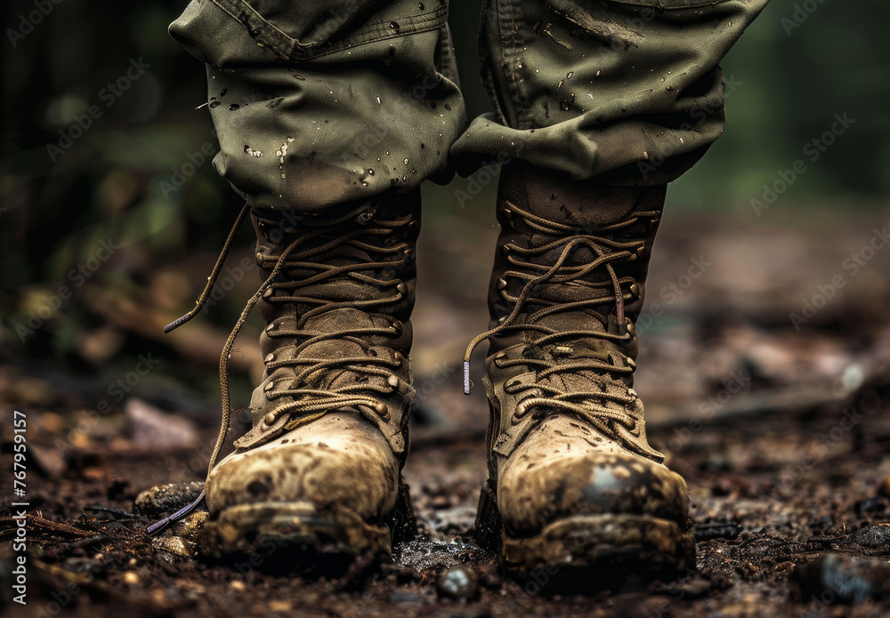 Army boots close up in the mud Army boots close up in the mud