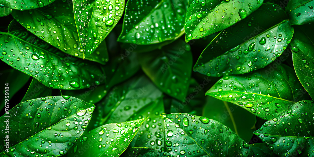 Fototapeta premium Raindrops on Green Leaves, Fresh Nature Background, Bright Spring Pattern, Environmental Concept
