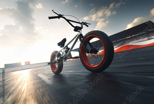BMX bike on race track. The BMX bike is captured mid trick in a bright daylight light