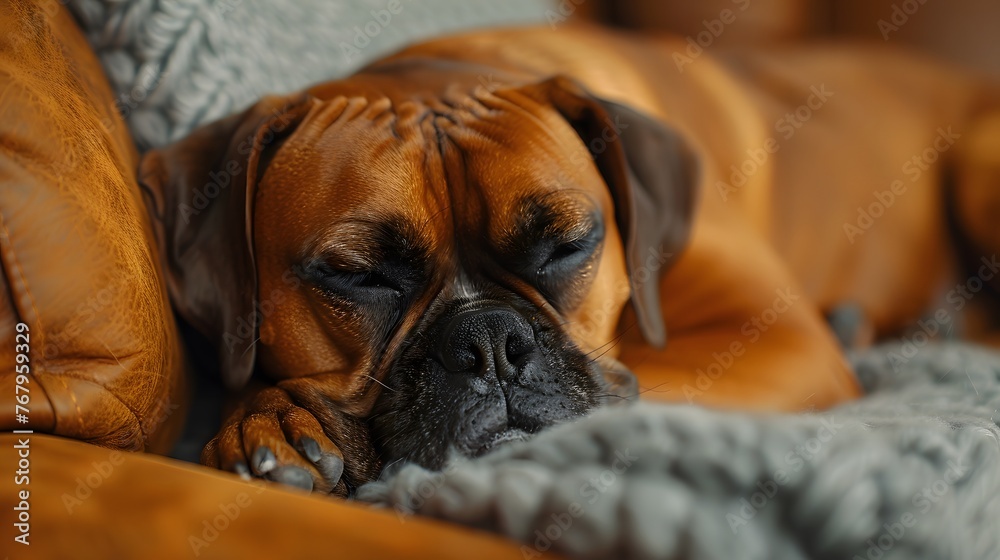 A Boxer sleeping on a sofa