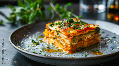 Piece of tasty hot lasagna on black plate on dark background. Italian cuisine, menu, recipe. Homemade meat lasagna. Traditional lasagna with bolognese sauce. Side view close up
