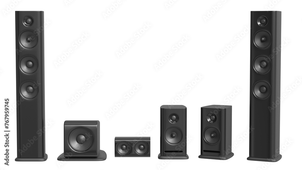 Obraz premium Set black acoustic 3d system. A new black bookshelf speaker isolated on white background. Clipping path.