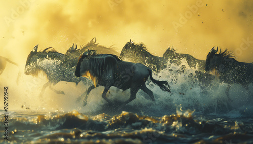 Call of Nature - the Great Wildebeest Migration. Mammal animals big herd running crossing African river waters. Beauty in Nature, cute wild animals and Eco concept image.