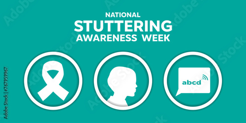 National Stuttering Awareness Week.  Ribbon, kids, message. Suitable for cards, banners, posters, social media and more. Blue background.  photo