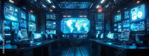 A cybersecurity command center filled with screens displaying AI algorithms, highlighting the role of GenAI in modern cyber defense strategies.