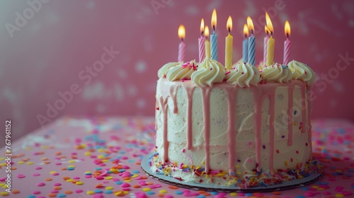Birthday Cake With White Frosting and Lit Candles