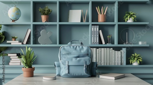 Blue Bag on Table Next to Vase With Flowers