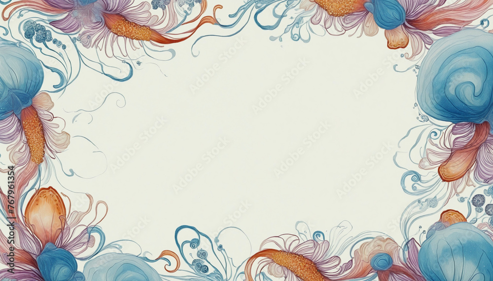 beautiful floating jellyfish as a frame border, copyspace,   colorful background