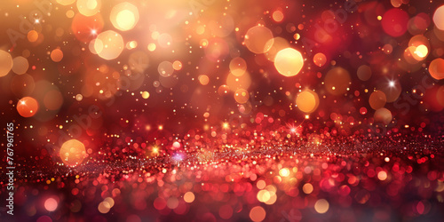 Red and gold glitter with lights on bokeh background ,Shiny Defocused red Festive abstract Background, Happy New Year Celebration Sparkles Banner, , Christmas Lights