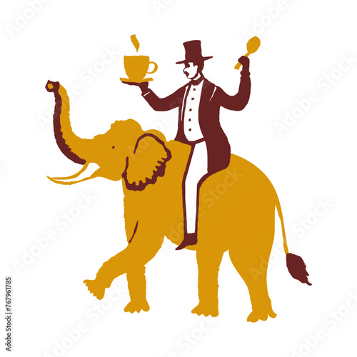 A man in a tailcoat with a cup of tea and a spoon sits on an elephant, doodle vector illustration for packaging, tea logo.