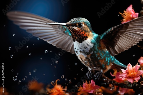 Vibrant hummingbird on the educational trail, pollinating flowers., generative IA