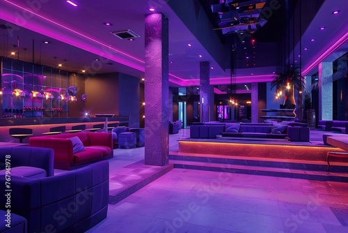 Interior of a hotel lobby  night club with purple lighting  nightlife. 
