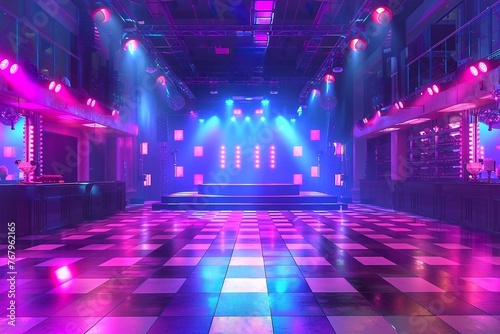 Interior of a nightclub with lighting and spotlights.