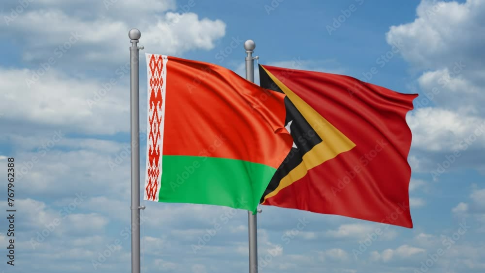 East Timor and Belarus two flags waving together, looped video, two country cooperation concept East Timor and Belarus two flags waving together, looped video, two country cooperation concept