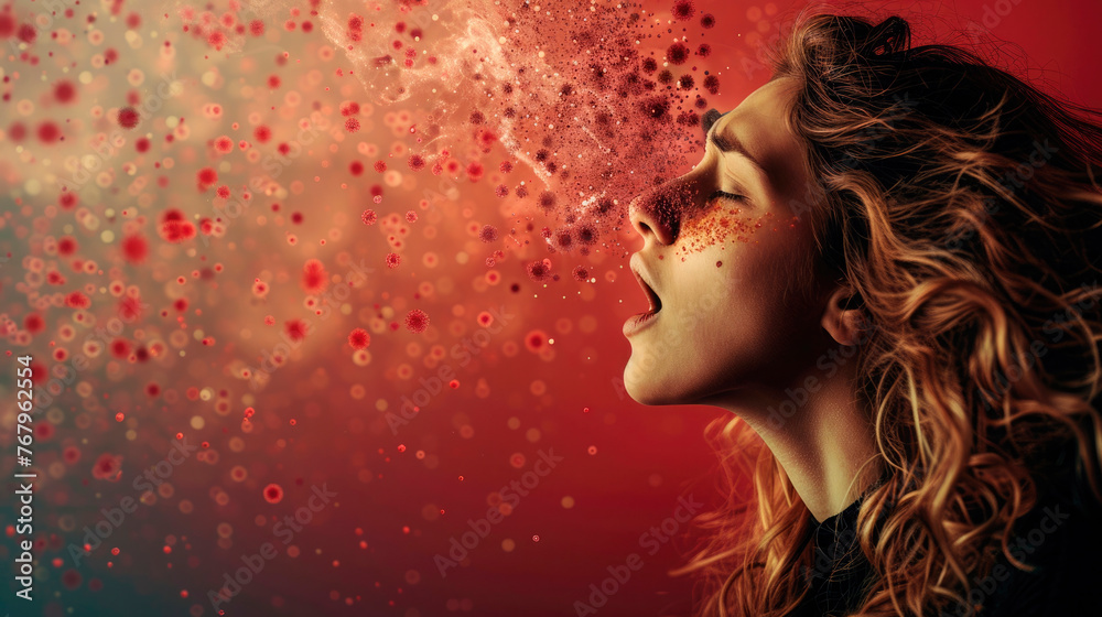 coughing girl with visible germs or particles flying out of open mouth, flu and sore throat, closed eyes, red background coughing girl with visible germs or particles flying out of open mouth, flu and sore throat, closed eyes, red background