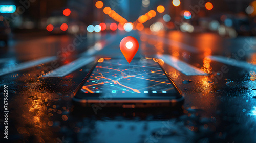 Point on smartphone with gps navigator icon and map on blur traffic road abstract background. Technology business and travel adventure concept.
Generative AI