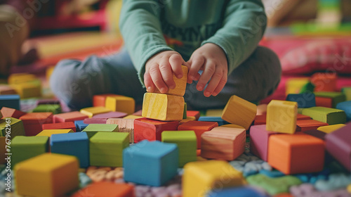 Young toddler playing with colorful wooden block toys © AI_images
