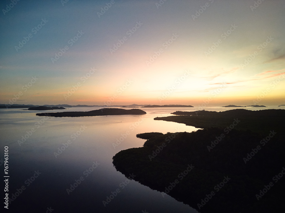 Drone view of Islands in Coron with beautiful sunset. Palawan. Philippines.