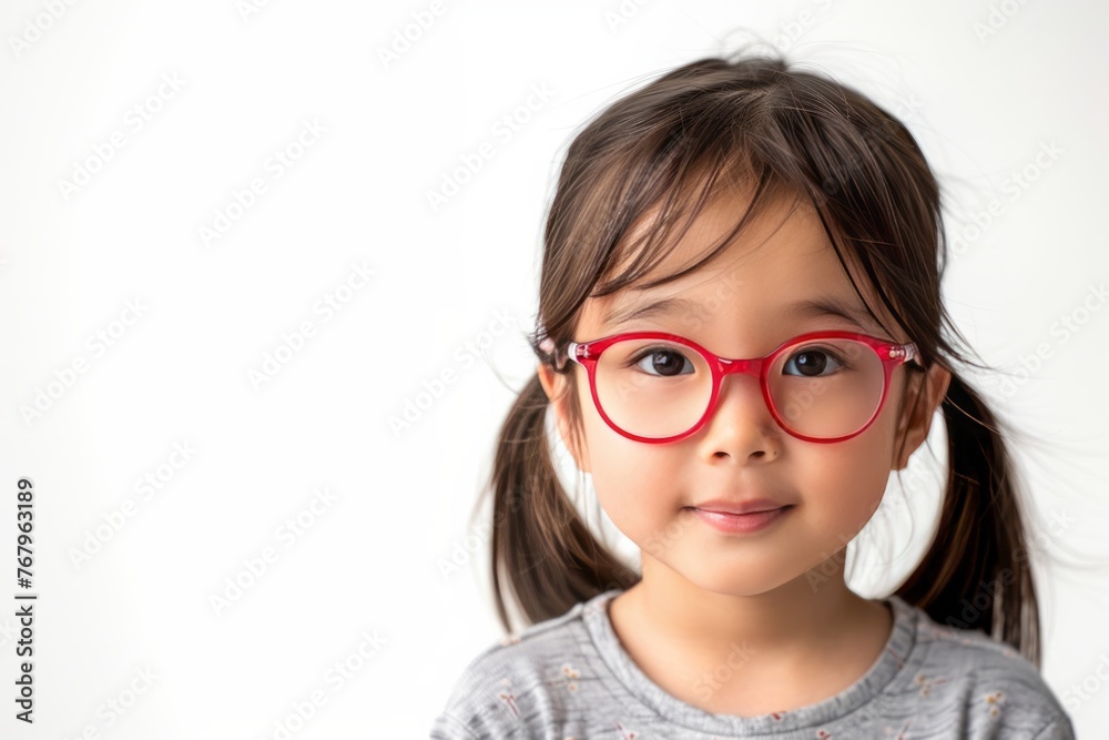 funny Asian child girl wearing glasses on a white background