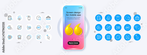 Hot loan, Cursor and Airplane mode line icons. Phone mockup with 3d quotation icon. Pack of Touchscreen gesture, Eco energy, Refund commission icon. Vector