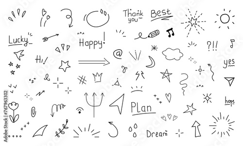 Doodle cute glitter pen line elements. Doodle heart, arrow, star, sparkle decoration symbol set icon. Simple sketch line style emphasis, attention, pattern elements. cute.
