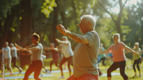 Fitness class in a city park with enthusiastic elderly men and women participants energizing their bodies and minds, exercise clothes, dynamic scene captured © AI_images