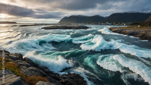 Witness the mesmerizing meeting of river and sea waves during high and low tides  creating whirlpools in the maelstrom of Saltstraumen  Nordland  Norway.
