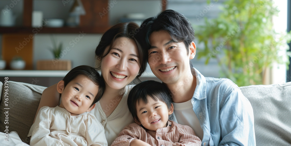 Happy Japanese family posing on the couch together at home in the living room Happy Japanese family posing on the couch together at home in the living room