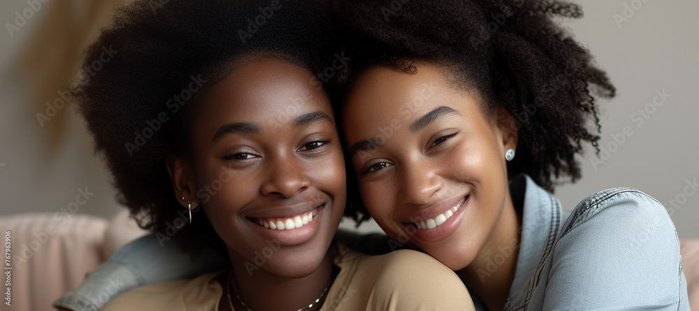 Happy young African American mom hug teenage daughter making picture together, smiling black mother and teen girl sit on couch posing for photo, parent and child embrace as best friends Happy young African American mom hug teenage daughter making picture together, smiling black mother and teen girl sit on couch posing for photo, parent and child embrace as best friends
