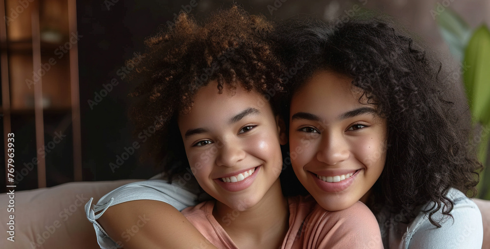 Two Happy young hug teenage making picture together, smiling teen girl sit on couch posing for photo, as best friends Two Happy young hug teenage making picture together, smiling teen girl sit on couch posing for photo, as best friends