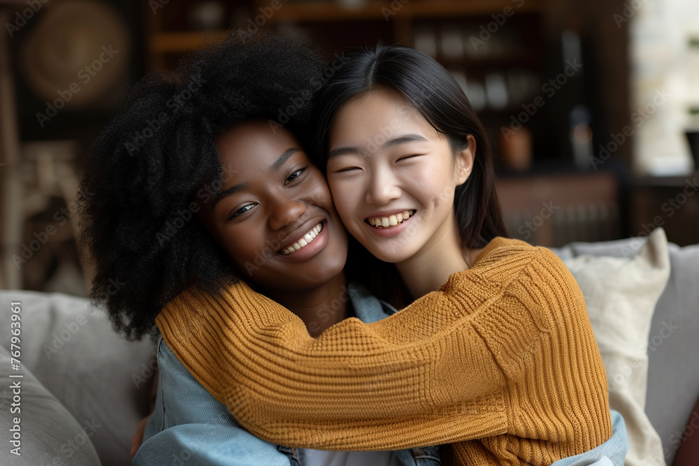 Two Happy young hug teenage making picture together, smiling teen girl sit on couch posing for photo, as best friends Two Happy young hug teenage making picture together, smiling teen girl sit on couch posing for photo, as best friends