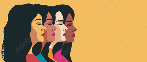 Vector banner place for text. Portraits of strong diverse women of ethnically different cultures standing in a sideways pose. Feminism concept, gender equality, protection women's rights and freedom