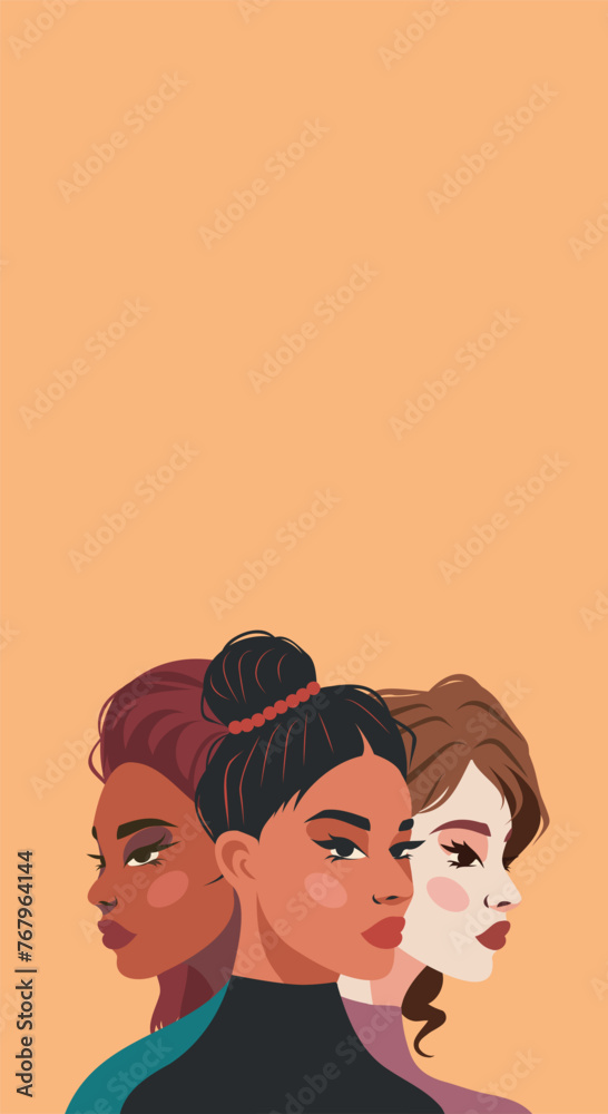 Vector banner with place for text. Feminism Day. Strong women from different cultures stand shoulder to shoulder. Feminism concept, gender equality, protection of women's rights and freedoms Vector banner with place for text. Feminism Day. Strong women from different cultures stand shoulder to shoulder. Feminism concept, gender equality, protection of women's rights and freedoms