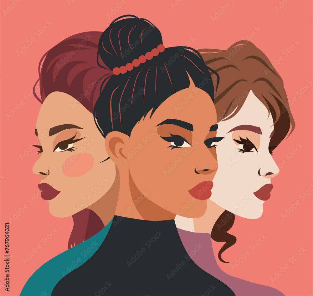 Feminism day vector banner. Strong women from different cultures stand shoulder to shoulder. Feminism concept, gender equality, protection of women's rights and freedoms