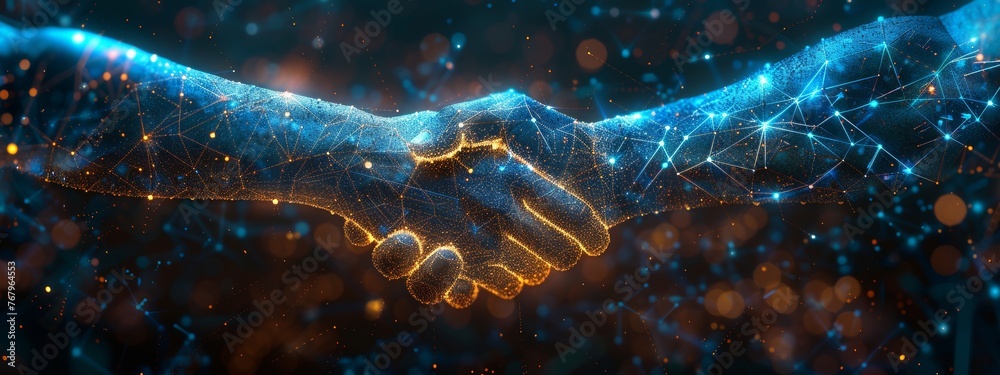 A digital handshake between two entities encased in a cybersecurity aura, representing trust and resilience in third-party relationships, space for text - obrazy, fototapety, plakaty 