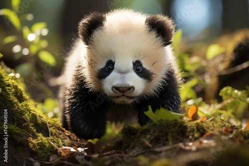 Panda baby enchants with clumsy games., generative IA photo