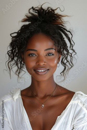 Happy attractive african-american woman in white clothes. Smiling at camera  closeup portrait  panorama with copy space. Face and skin care at home concept  white background