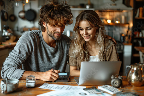 Caucasian couple sitting at a kitchen table, looking at a laptop screen, smiling, documents and calculator on the table