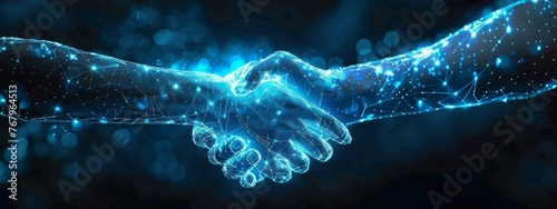 A digital handshake between two entities encased in a cybersecurity aura, representing trust and resilience in third-party relationships, space for text