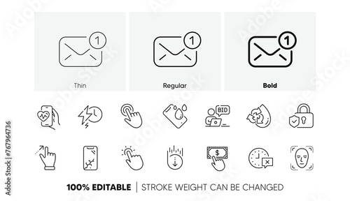 Online auction, Security lock and Time line icons. Pack of Cursor, Face detection, Cardio training icon. Scroll down, Payment click, Recycle water pictogram. Charging time, New message. Vector