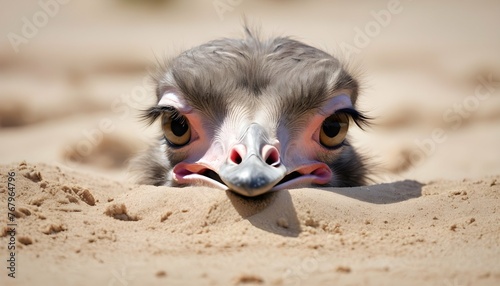 An Ostrich With Its Beak Buried In The Sand photo