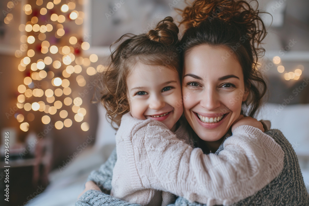 Woman and her little daughter hugging in bedroom Woman and her little daughter hugging in bedroom