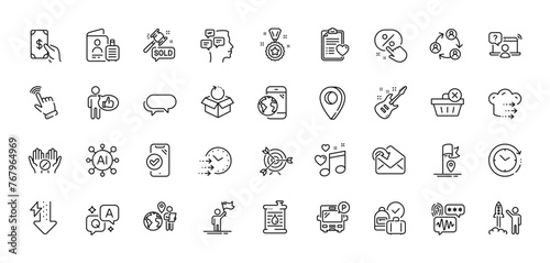 Love music, Oil barrel and Teamwork line icons pack. AI, Question and Answer, Map pin icons. Food delivery, Return package, Mobile internet web icon. Messages, Energy drops, Like pictogram. Vector