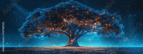 A digital tree with branches representing network connections, secured by GenAI, set against a starry night sky, leaving room for text.