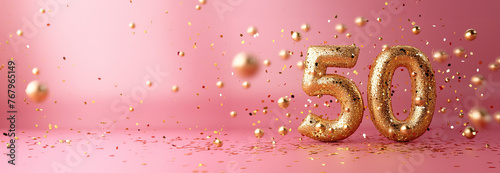Number 50 gold numbers. Elegant Greeting celebration fifty years birthday. Anniversary number 50 foil gold balloon. Happy birthday, congratulations poster. Golden numbers with sparkling golden  photo