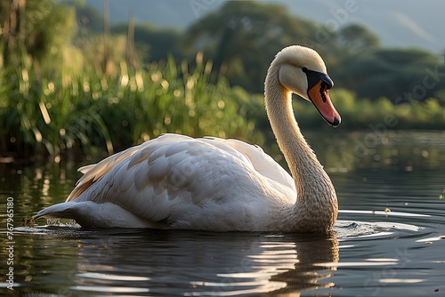 Elegant swan resting on serene lake., generative IA photo