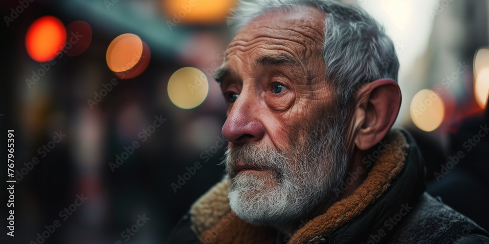 Aging man with grey hair and a pensive look, city lights blur in the backdrop, creating a poignant scene
